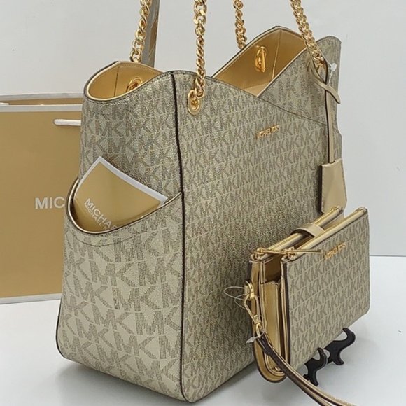 Michael Kors Large X Chain Sholder Tote & Large Double Zip Wallet Pale Gold - Picture 12 of 16